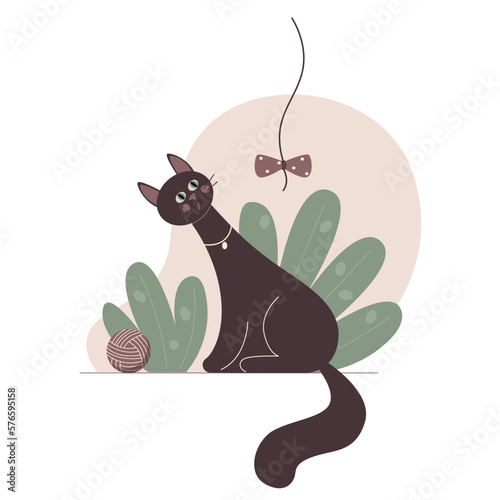 Funny cartoon curious cat playing. Vector illustration with domestic animal.