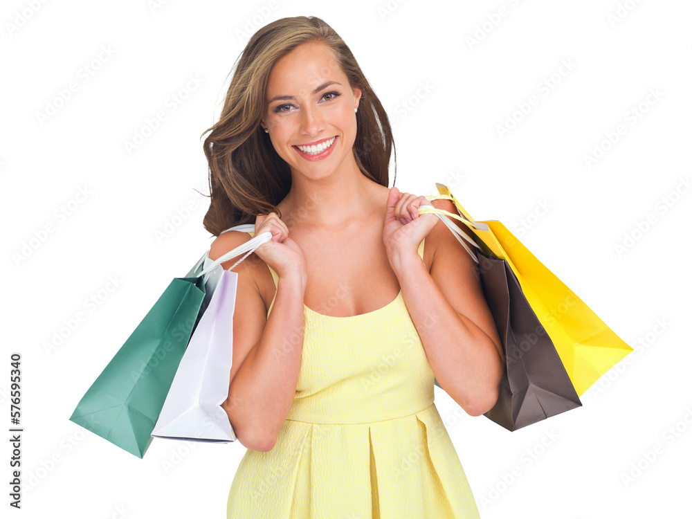 A beautiful caucasian girlfriend or a happy female customer with shopping bags buying gifts at a mall or retail store on Black Friday discounts, sales deals isolated on a png background. - obrazy, fototapety, plakaty 