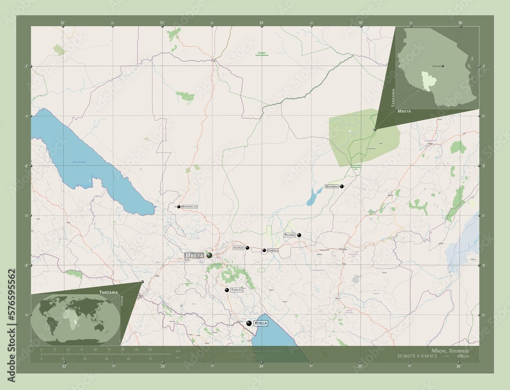 Fototapeta premium Mbeya, Tanzania. OSM. Labelled points of cities