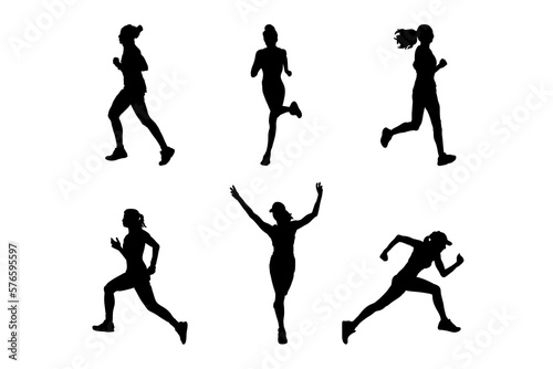 Set of silhouettes of sport women running vector design