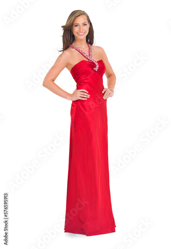A graceful classy woman in a red dress or a ball gown standing with confidence and joy, posing for an event or a celebration isolated on a png background.