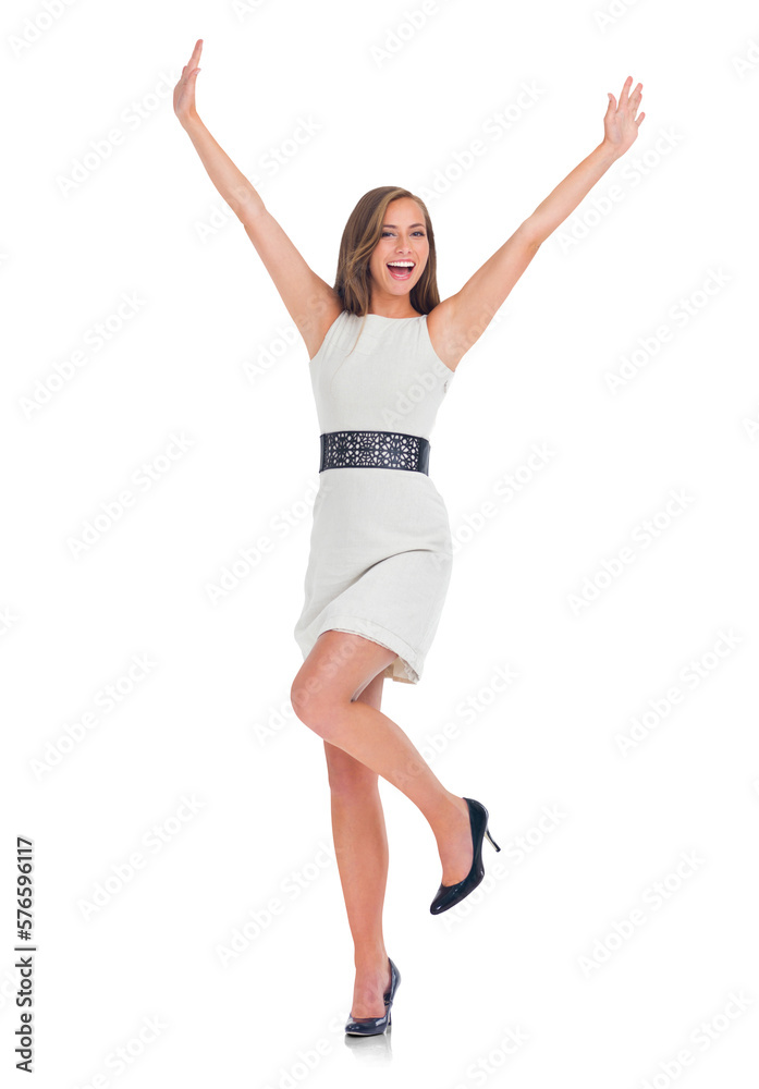 A beautiful confident excited professional businesswoman, CEO or manager in celebration mood and enjoying her victory or promotion or winning isolated on a png background