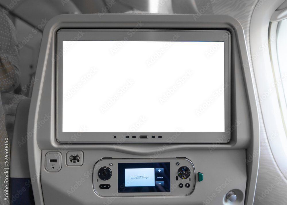 Blank empty screen TV white display on seat in cabin airline plane or airplane in transportation and travel in holiday vacation concept. Journey on board. Blank empty screen TV white display on seat in cabin airline plane or airplane in transportation and travel in holiday vacation concept. Journey on board.