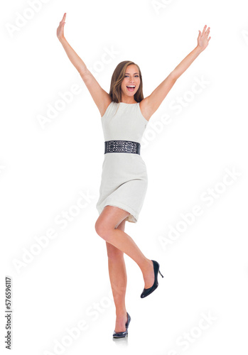 A beautiful confident excited professional businesswoman, CEO or manager in celebration mood and enjoying her victory or promotion or winning isolated on a png background