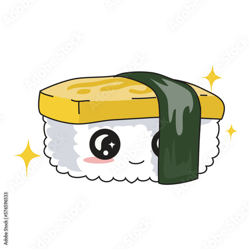 Kawaii Japanese food Tamago Sushi on white background for kids fashion artworks, children books, stickers, greeting cards, emoji, textile, web, print. Kawaii cartoon vector illustration.