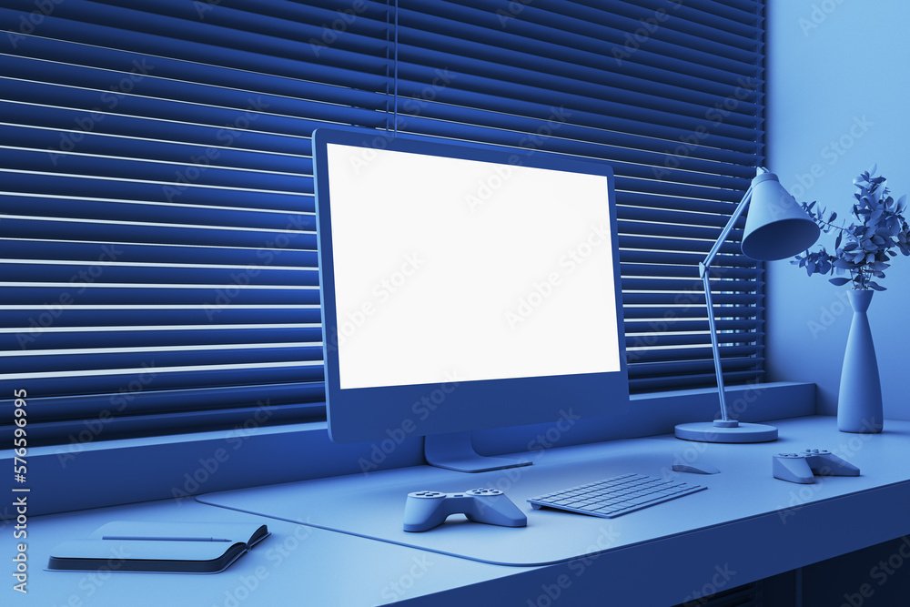 Perspective view on blank white computer monitor screen with place for ...