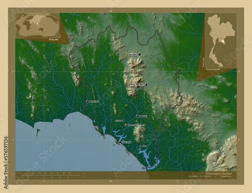 Chanthaburi, Thailand. Physical. Labelled points of cities photo