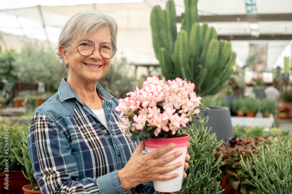 Smiling senior caucasian woman in checkered shirt enjoying shopping in the greenhouse selecting pots of plants and flowers for her garden - springtime gardening concept Smiling senior caucasian woman in checkered shirt enjoying shopping in the greenhouse selecting pots of plants and flowers for her garden - springtime gardening concept