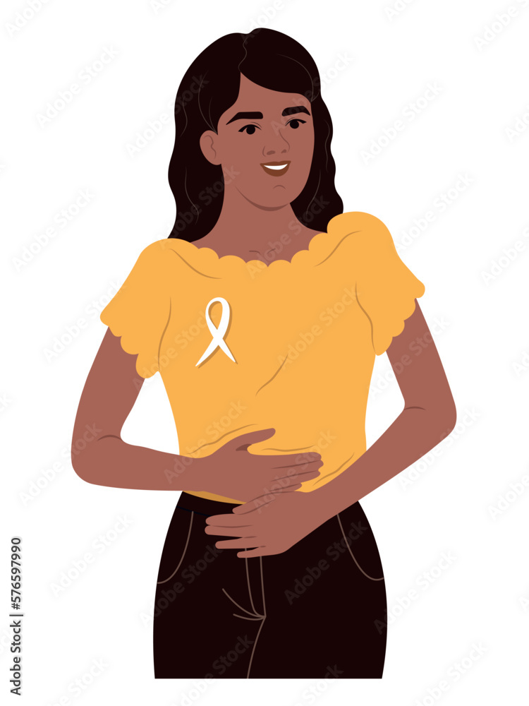 Fototapeta premium A young smiling girl is holding her stomach with her hands. Endometriosis Awareness Ribbon. An African American woman and a symbol of womens health. World endometriosis awareness day.