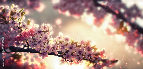 Closeup beautiful nature scene with blooming tree's flowers and sun flare. Spring Background. Generative AI