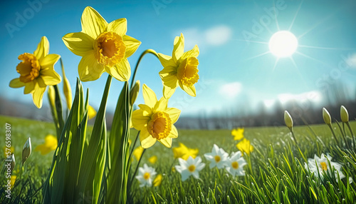 Daffodil flowers in the field, grass, sky. Spring background. Generative AI
