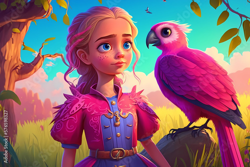 A litle girl with a bir, generative AI,