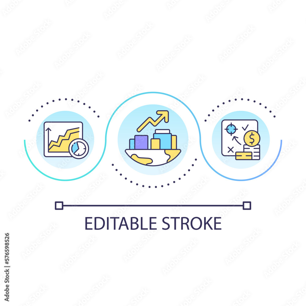 Long term strategy of global development loop concept icon. Economic growth processes abstract idea thin line illustration. Isolated outline drawing. Editable stroke. Arial font used Long term strategy of global development loop concept icon. Economic growth processes abstract idea thin line illustration. Isolated outline drawing. Editable stroke. Arial font used