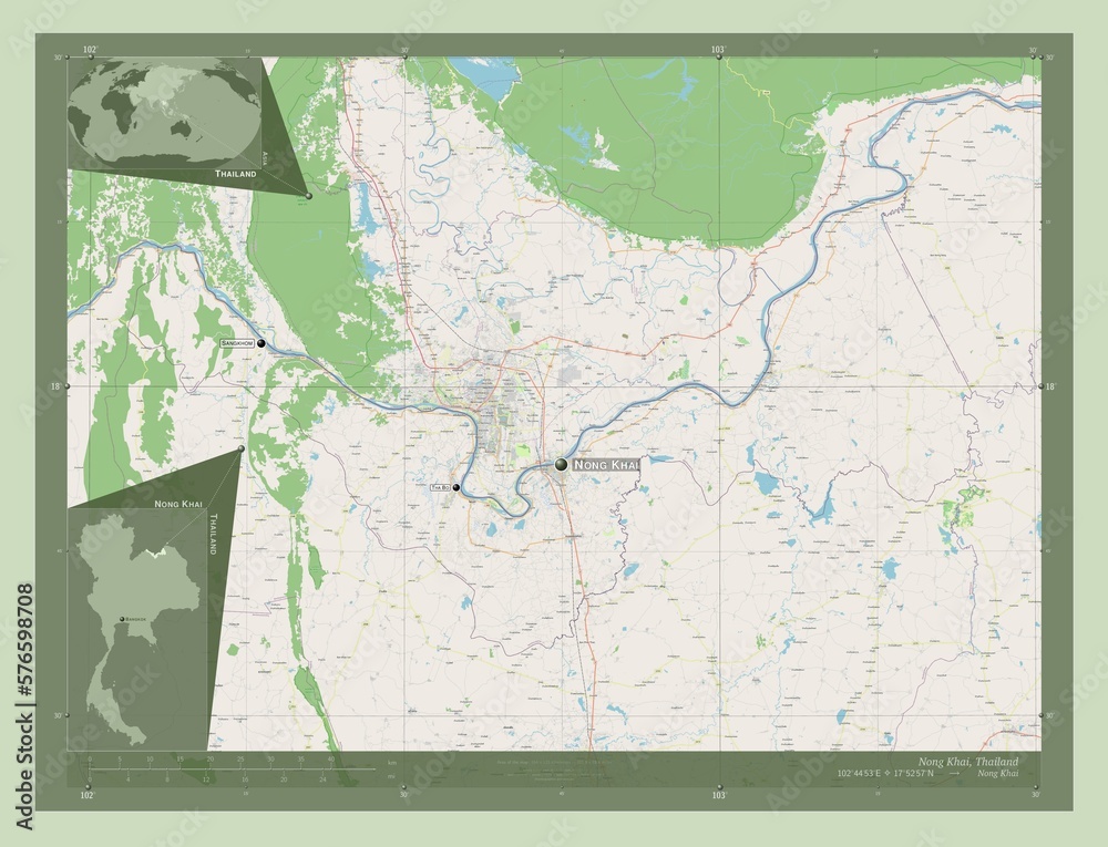 Fototapeta premium Nong Khai, Thailand. OSM. Labelled points of cities