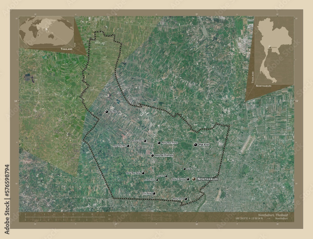Fototapeta premium Nonthaburi, Thailand. High-res satellite. Labelled points of cities