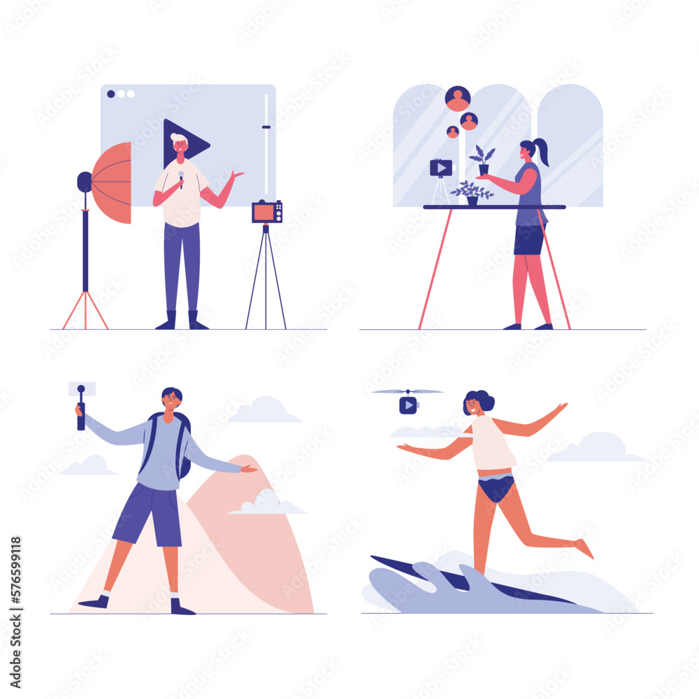 Blogger Review Concept Vetor. Creative famous influencer shooting vlogging occupation. Blogger Review Concept Vetor. Creative famous influencer shooting vlogging occupation.