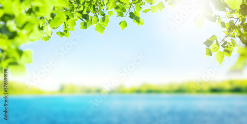 Lake  leaf foliage and blue sky