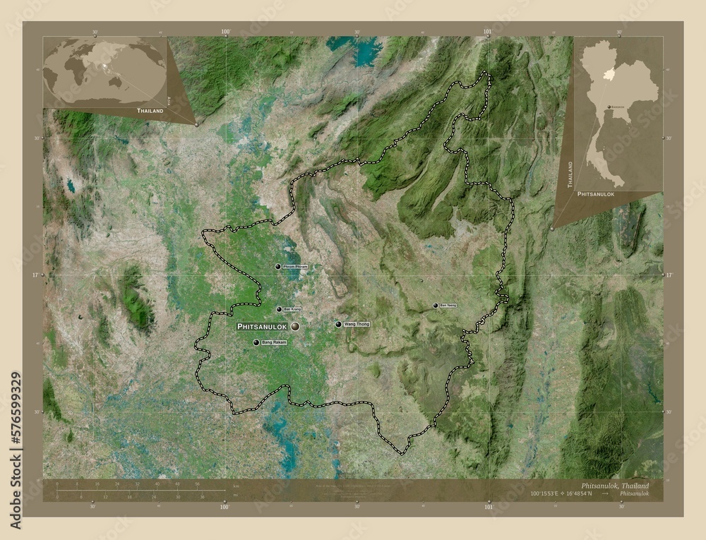Fototapeta premium Phitsanulok, Thailand. High-res satellite. Labelled points of cities