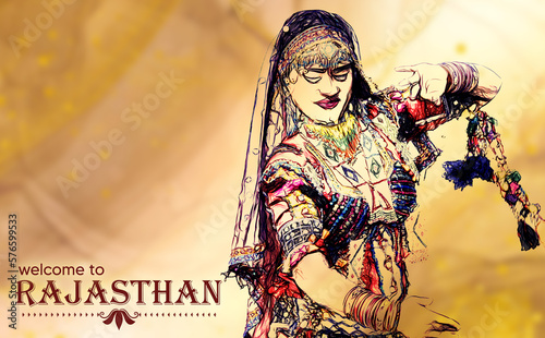 Colorful sketch drawing of rajasthani traditional woman dancer, Welcome to Rajasthan hospitality poster, Rajasthani culture line art illustration photo