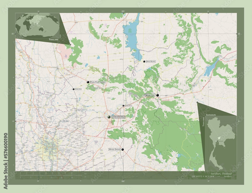 Fototapeta premium Saraburi, Thailand. OSM. Labelled points of cities