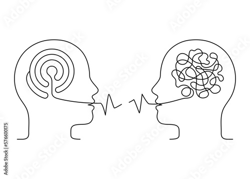 People talk, misunderstanding conversation and speech outline. Tangle confused and untangle logic thinking brain. Psychotherapy communication. Conversation two person, speak. Vector continuous line photo