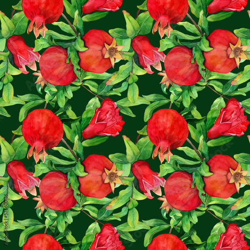 Seamless pattern with watercolor hand drawn red pomegranate. Fresh Fruits on branch with flowers on deep green background. Classical fabric ornate. Design for textile  wrapping paper  coves.