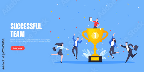 Employee recognition or proud workers of the month business concept flat style design vector illustration. Young adult people jump in the air near trophy cup.