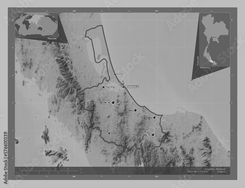 Songkhla, Thailand. Grayscale. Labelled points of cities photo