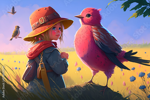 a litle girl with bird, generative AI