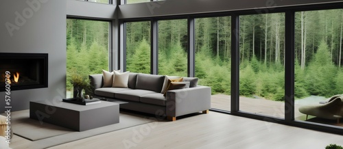 Living room interior with grey sofa, pillow and forest view. Modern house. Generative AI