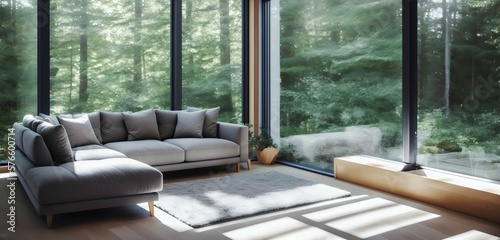 Living room interior with grey sofa and copy space on forest view. Generative AI.