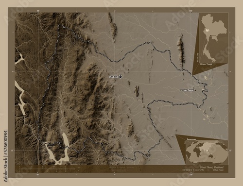 Uthai Thani, Thailand. Sepia. Labelled points of cities photo