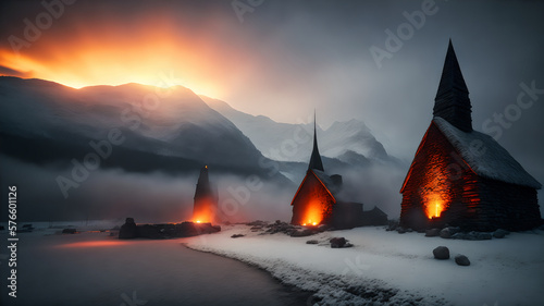 view of medieval village with some stone wooden masonery buildings in winter with snow and fog in air at dusk with sunset orange glowing light behind mountains, some mountains in back, generative AI photo