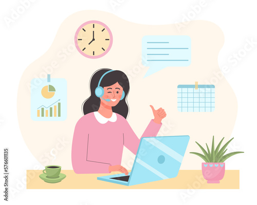 Young woman sitting at the desk and using laptop. Female office worker with headphones and microphone showing thumbs up. Infographics icons on the background.