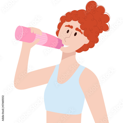 Smiling woman in sports clothes drinking water or sport drink from bottle, holding it in her hands.Healthy lifestyle.