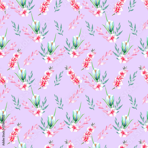 Watercolor hand painted botanical seamless pattern. Spring flowers.