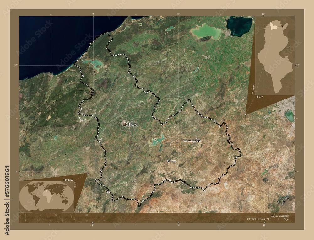 Fototapeta premium Beja, Tunisia. Low-res satellite. Labelled points of cities