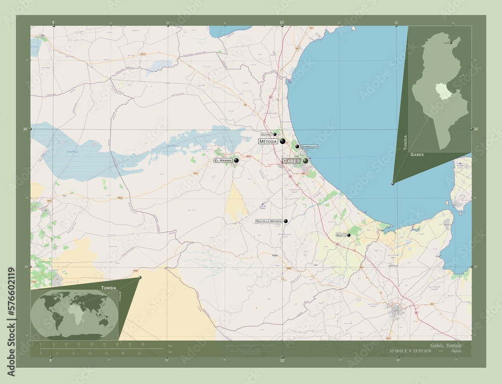 Fototapeta premium Gabes, Tunisia. OSM. Labelled points of cities
