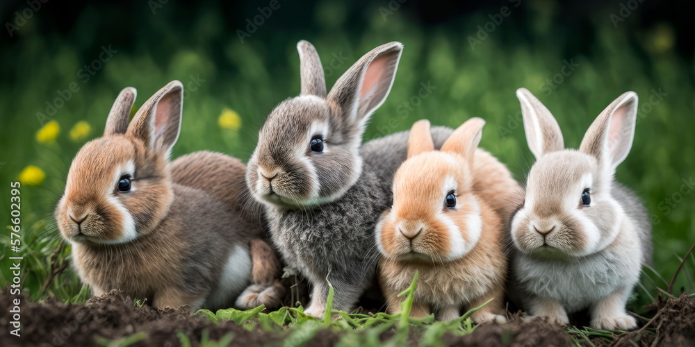 Fototapeta premium Bunny group of adorable baby animals playing Generative AI