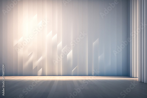 Empty light interior background. White textured empty wall and wooden light floor with beautiful lighting. AI generated.