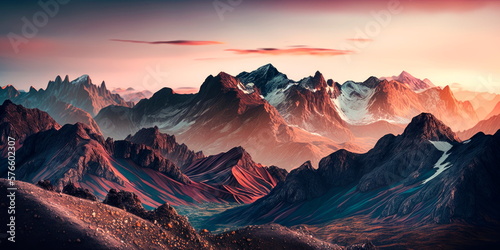 Expansive panorama of a mountain range at dawn Generative AI
