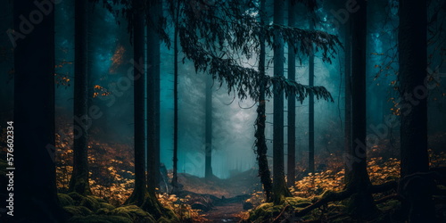 Fotografiet A dark and moody forest with mist and fog Generative AI