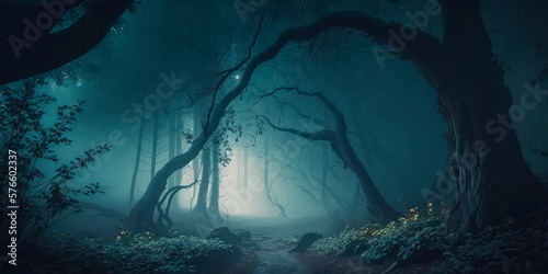 A dark and moody forest with mist and fog Generative AI