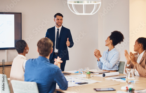 Thumbs up, CEO presentation or happy business people meeting together in b2b group or startup project. Success, applause or employees smile planning our vision, mission strategy or agency team goals