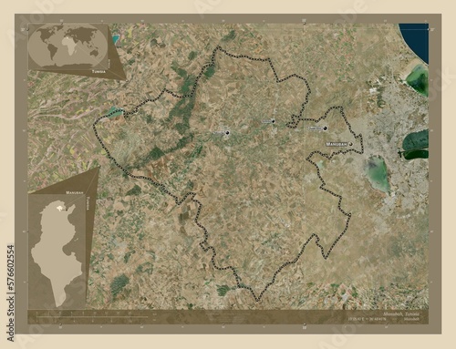 Tableau sur toile Manubah, Tunisia. High-res satellite. Labelled points of cities