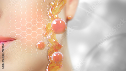 Shows the flow of vitamins in skin care that protects the face in 3D.