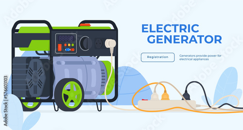 Banner Electric generators for current supply. Portable power supply for the operation of electrical appliances. Operation when the light is turned off. Vector illustration