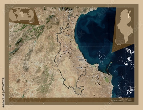 Sousse, Tunisia. Low-res satellite. Labelled points of cities photo