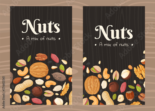 Nuts packaging label. Set of different nuts and seeds. Healthy and organic food. Vector illustration