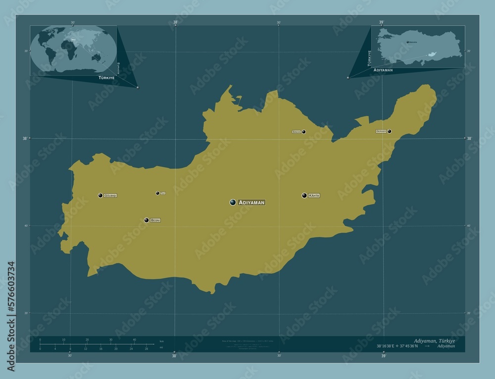 Adiyaman, Turkiye. Solid. Labelled points of cities